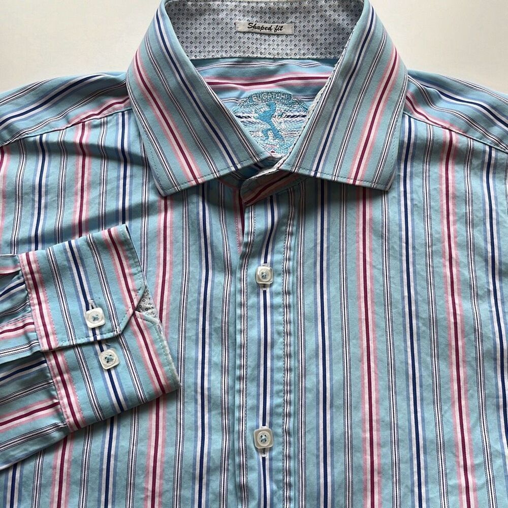 Bugatchi Shaped Fit 100% Cotton Vertical Stripe Dress Shirt Sz. L